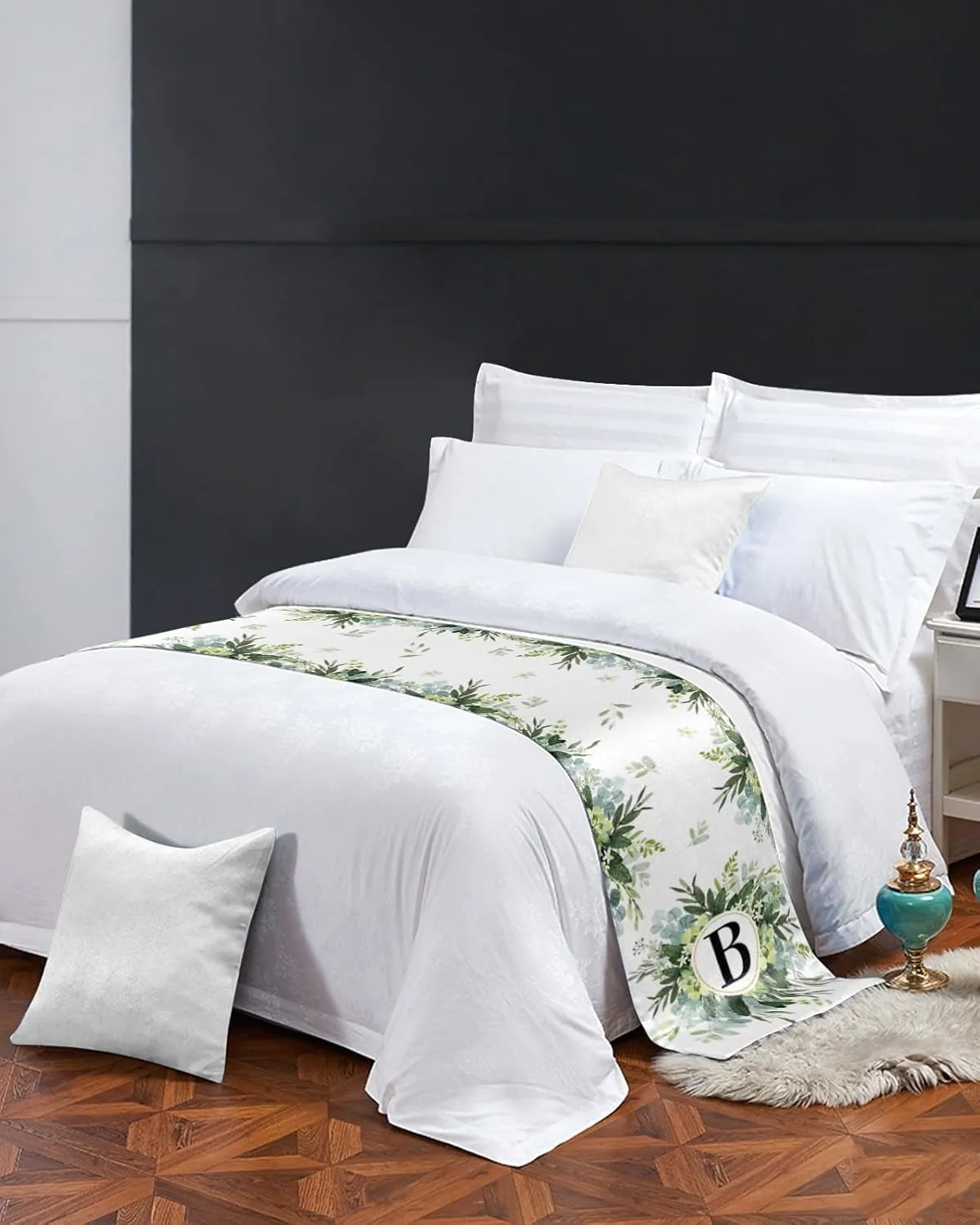 Bed Runner Scarf, Rustic Eucalyptus Leaves Wreath Monogram Letter B Twin Bed Scarf Runner, No Fading Decorative Bedding Scarf for Bedroom Hotels Homes and Guestrooms