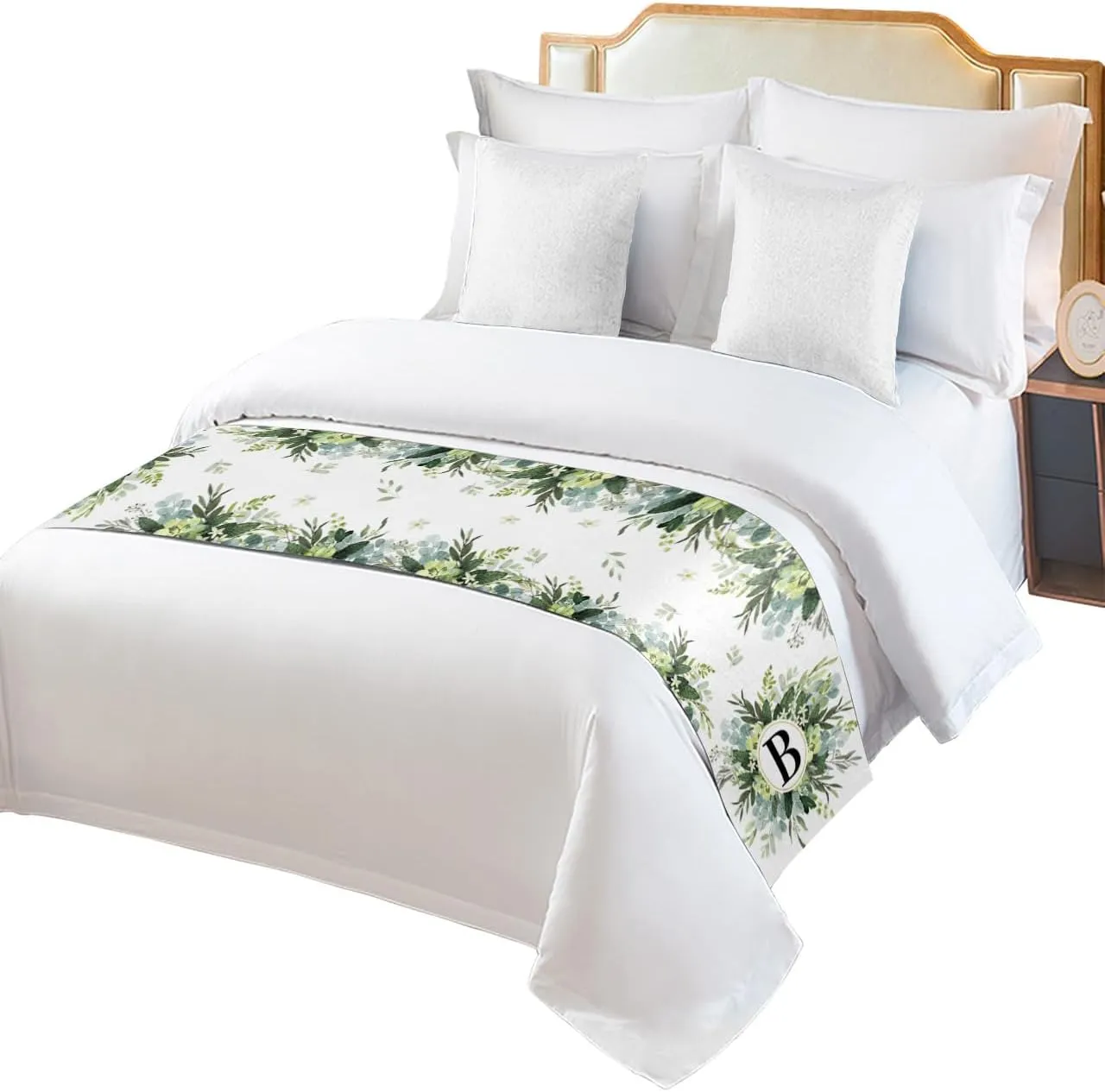 Bed Runner Scarf, Rustic Eucalyptus Leaves Wreath Monogram Letter B Twin Bed Scarf Runner, No Fading Decorative Bedding Scarf for Bedroom Hotels Homes and Guestrooms