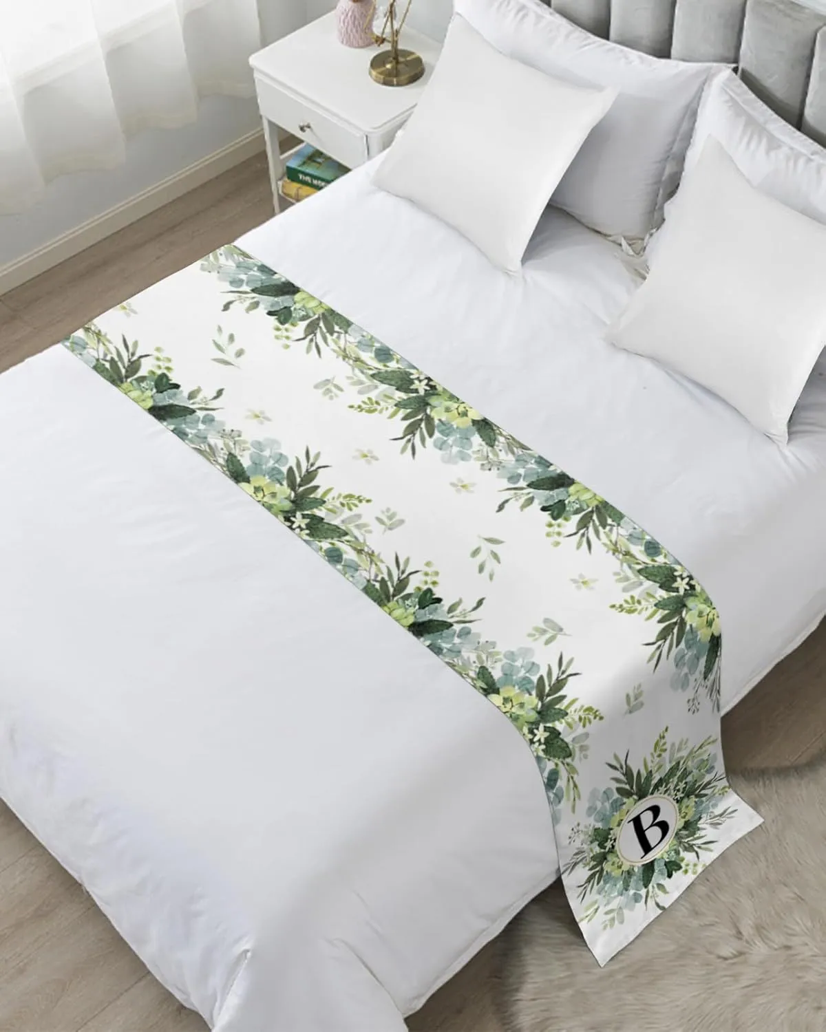 Bed Runner Scarf, Rustic Eucalyptus Leaves Wreath Monogram Letter B Twin Bed Scarf Runner, No Fading Decorative Bedding Scarf for Bedroom Hotels Homes and Guestrooms