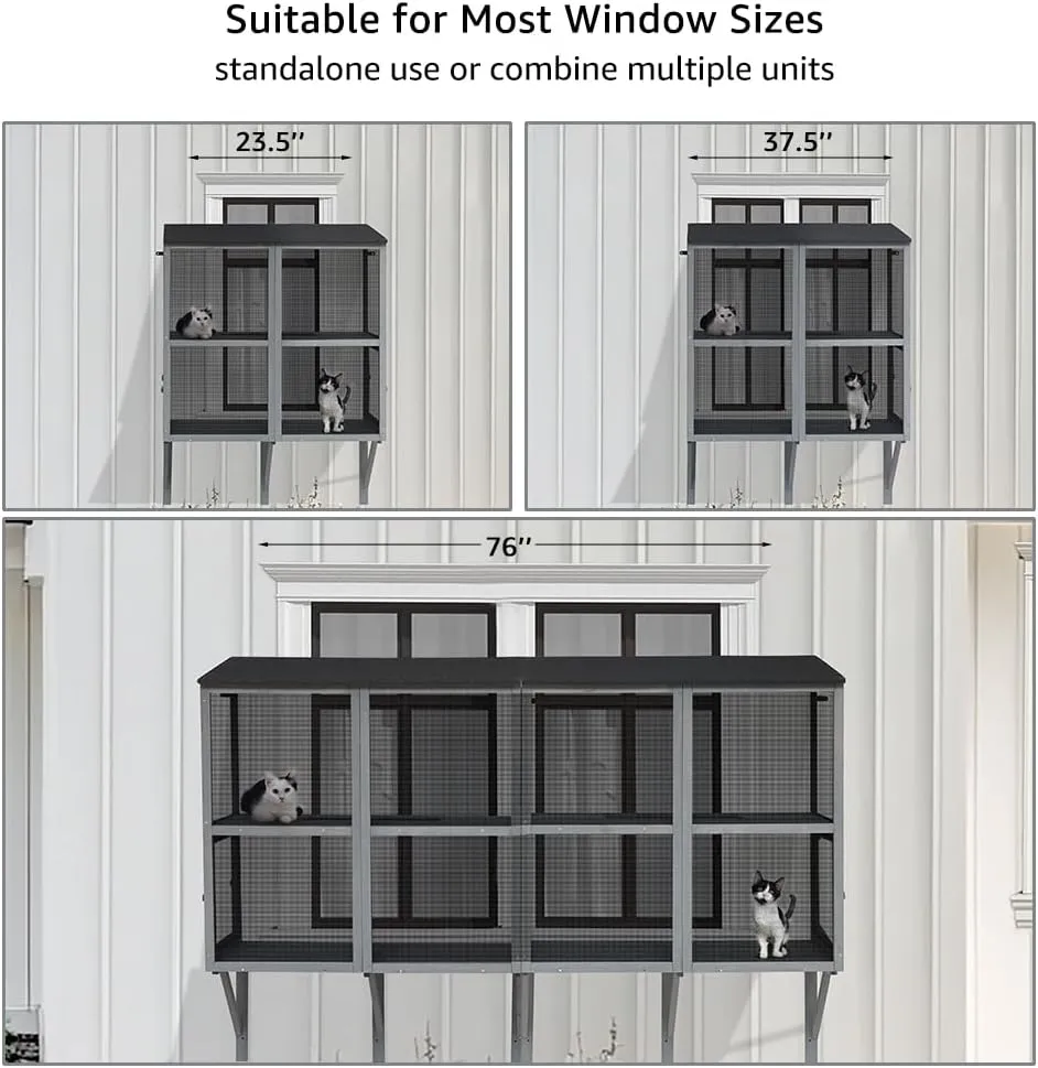 beeNbkks Bug Proof Cat Catio, 2 Tiers Window Box Enclosure for Multiple Indoor Cats, Expandable Wooden Cat Window Perch House, Secure Comfortable Outdoor Haven for Cats, Keep Bugs Insects Out