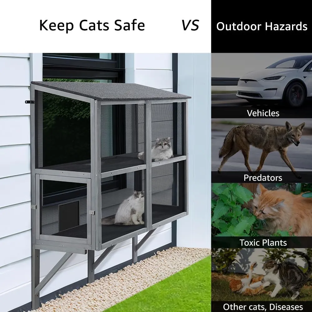 beeNbkks Bug Proof Cat Catio, 2 Tiers Window Box Enclosure for Multiple Indoor Cats, Expandable Wooden Cat Window Perch House, Secure Comfortable Outdoor Haven for Cats, Keep Bugs Insects Out