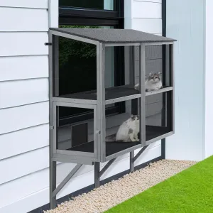 beeNbkks Bug Proof Cat Catio, 2 Tiers Window Box Enclosure for Multiple Indoor Cats, Expandable Wooden Cat Window Perch House, Secure Comfortable Outdoor Haven for Cats, Keep Bugs Insects Out