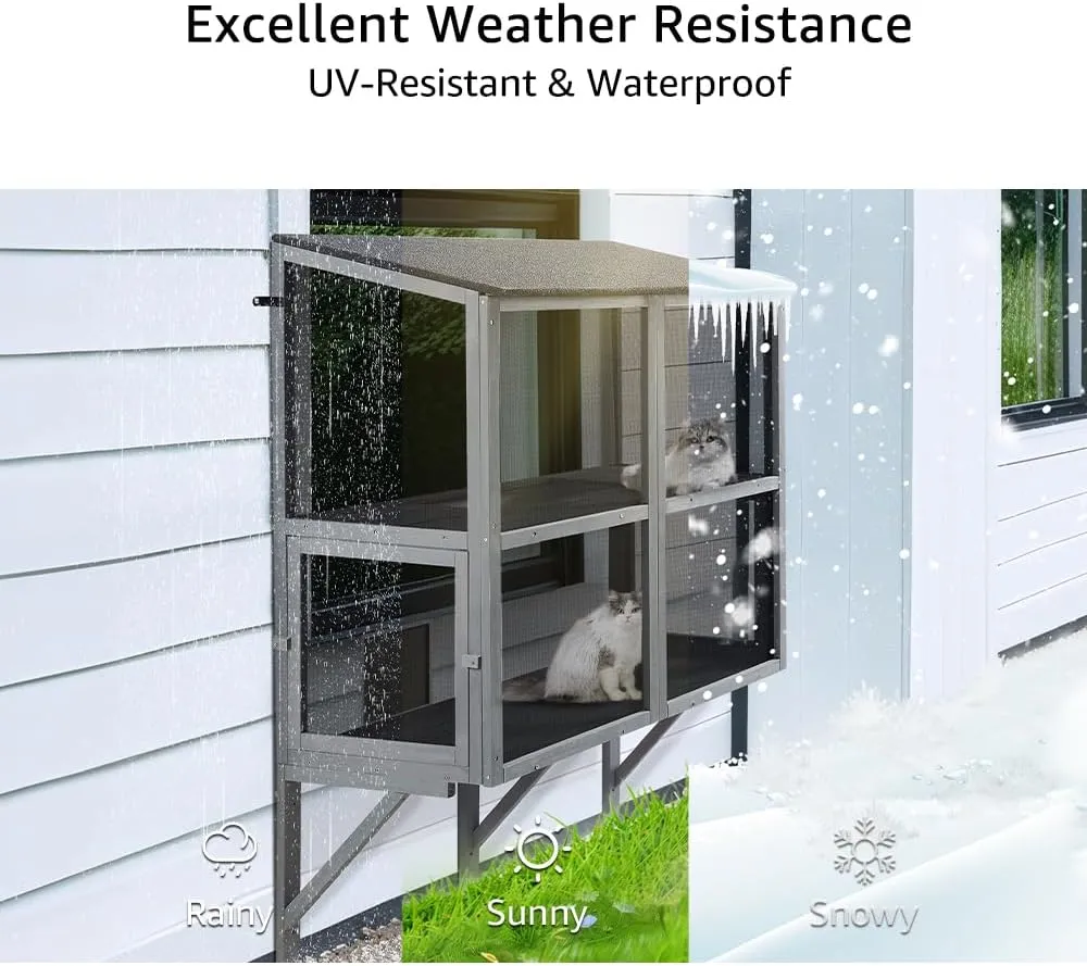 beeNbkks Bug Proof Cat Catio, 2 Tiers Window Box Enclosure for Multiple Indoor Cats, Expandable Wooden Cat Window Perch House, Secure Comfortable Outdoor Haven for Cats, Keep Bugs Insects Out