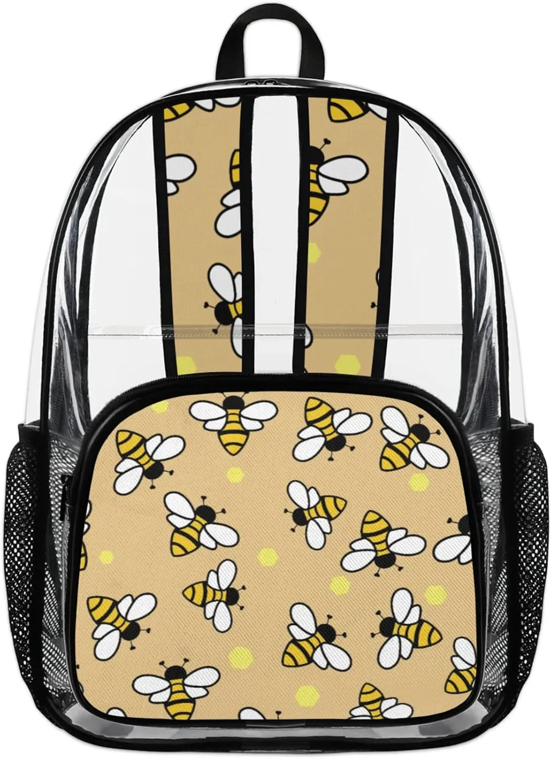 Bees With Yellow Pattern Clear Backpack for Stadium Events Heavy Duty Transparent Daypack PVC See Through Clear BookBag for for Women Men Adults Concerts Work Festival Sports Travel