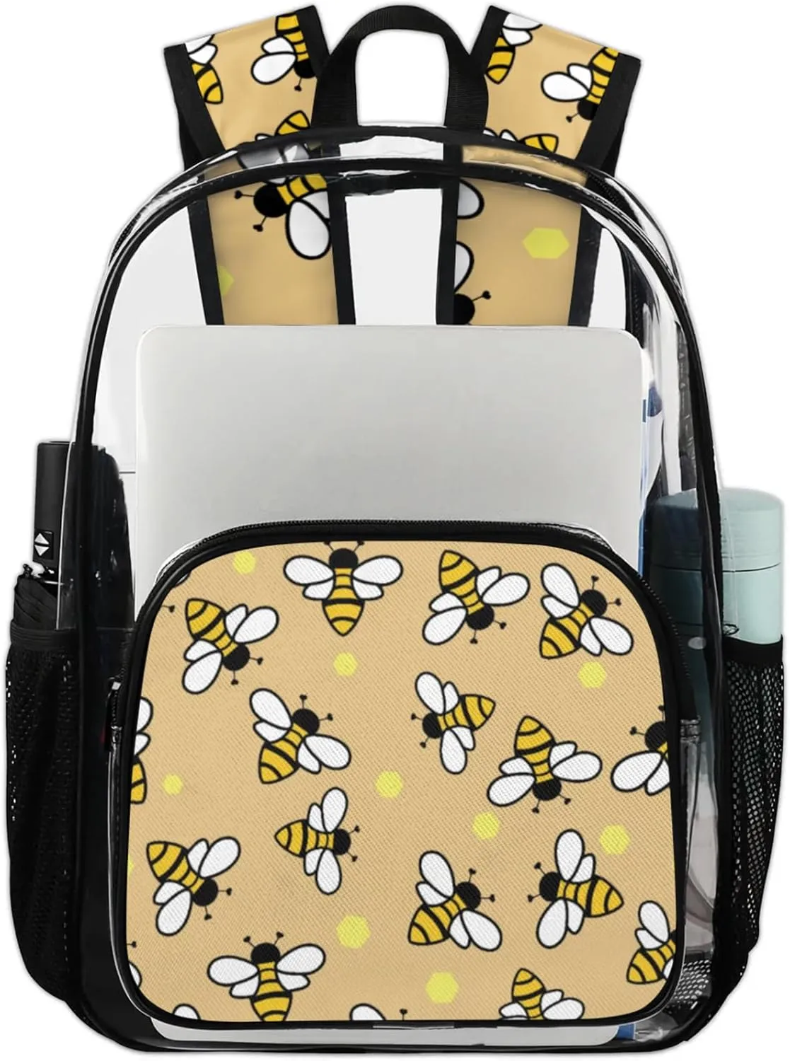 Bees With Yellow Pattern Clear Backpack for Stadium Events Heavy Duty Transparent Daypack PVC See Through Clear BookBag for for Women Men Adults Concerts Work Festival Sports Travel