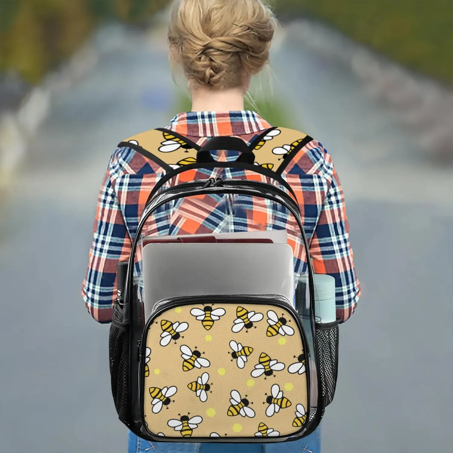 Bees With Yellow Pattern Clear Backpack for Stadium Events Heavy Duty Transparent Daypack PVC See Through Clear BookBag for for Women Men Adults Concerts Work Festival Sports Travel