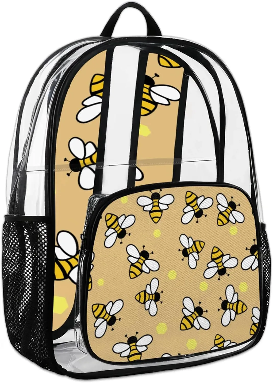 Bees With Yellow Pattern Clear Backpack for Stadium Events Heavy Duty Transparent Daypack PVC See Through Clear BookBag for for Women Men Adults Concerts Work Festival Sports Travel