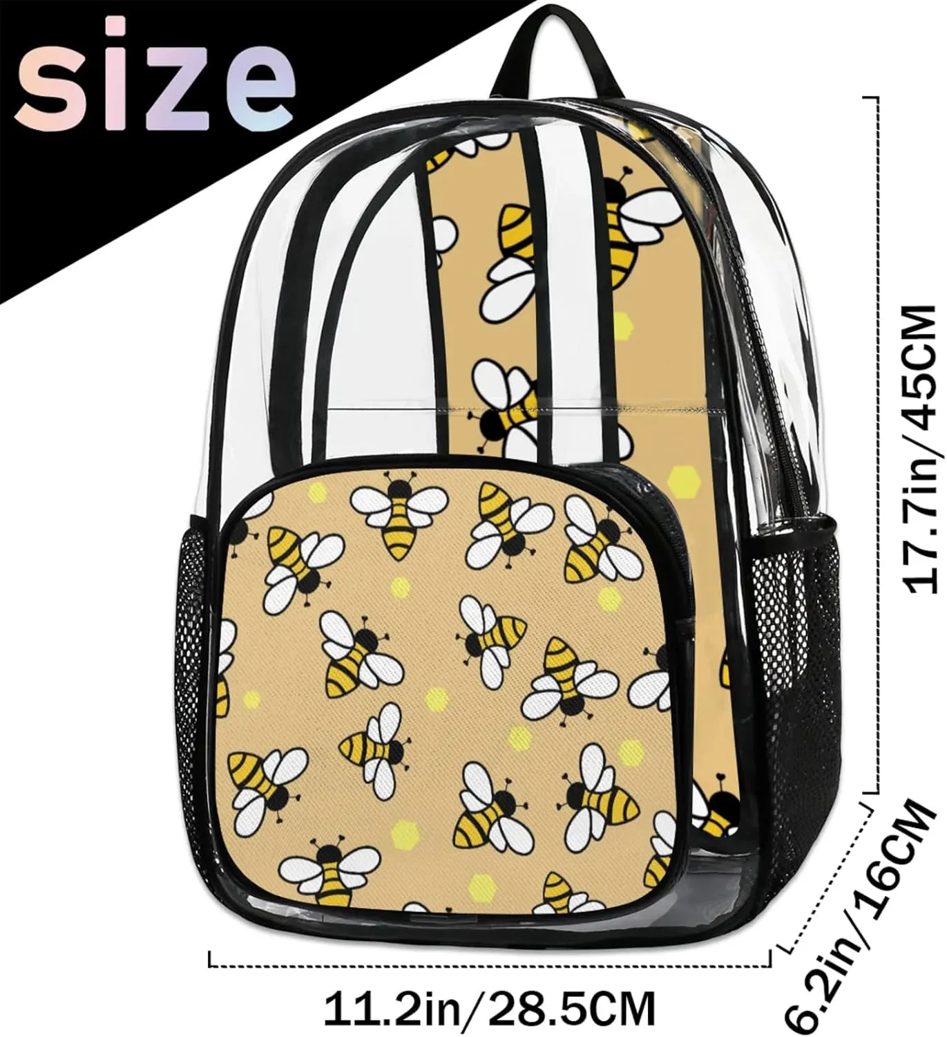 Bees With Yellow Pattern Clear Backpack for Stadium Events Heavy Duty Transparent Daypack PVC See Through Clear BookBag for for Women Men Adults Concerts Work Festival Sports Travel
