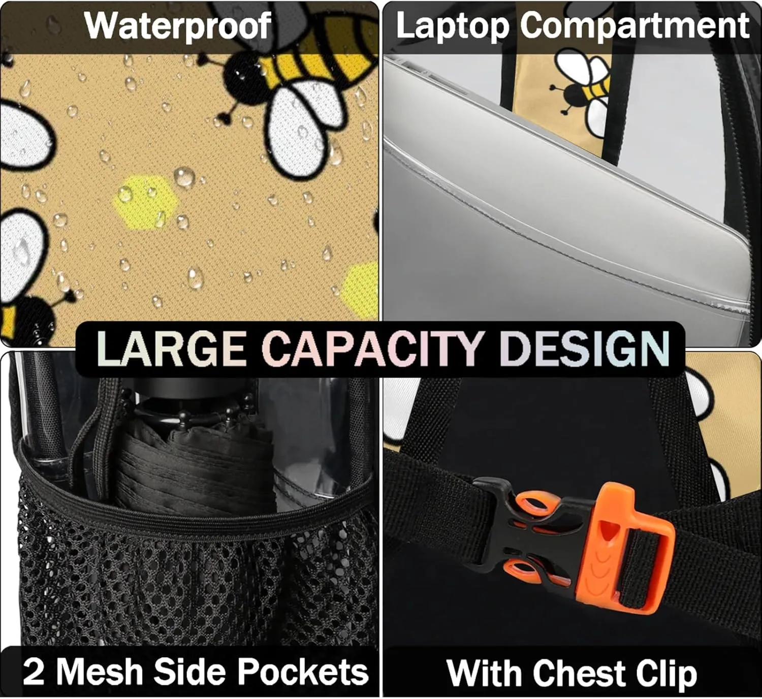 Bees With Yellow Pattern Clear Backpack for Stadium Events Heavy Duty Transparent Daypack PVC See Through Clear BookBag for for Women Men Adults Concerts Work Festival Sports Travel