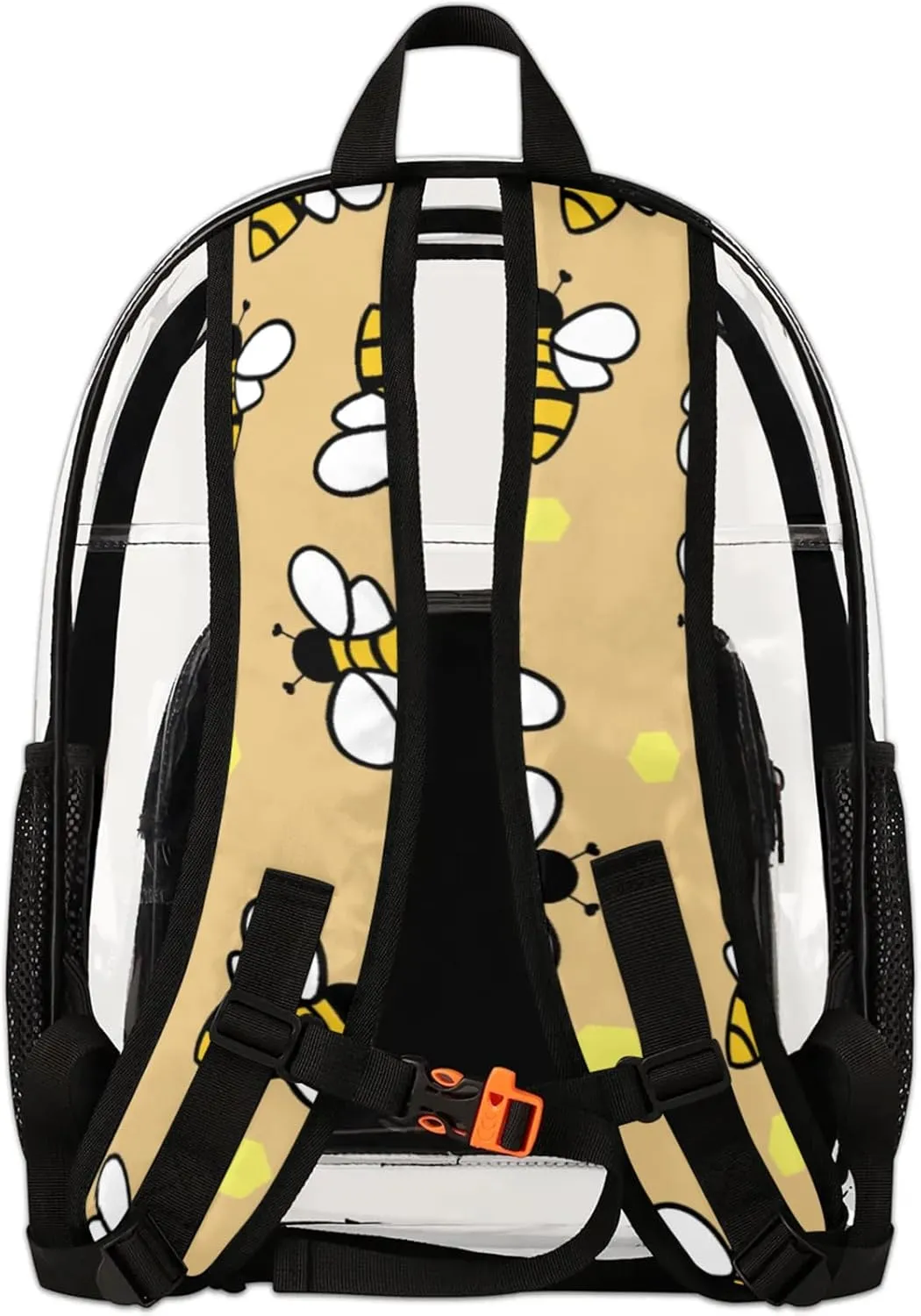 Bees With Yellow Pattern Clear Backpack for Stadium Events Heavy Duty Transparent Daypack PVC See Through Clear BookBag for for Women Men Adults Concerts Work Festival Sports Travel