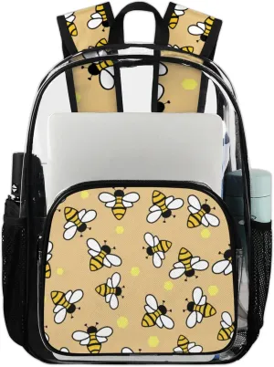 Bees With Yellow Pattern Clear Backpack for Stadium Events Heavy Duty Transparent Daypack PVC See Through Clear BookBag for for Women Men Adults Concerts Work Festival Sports Travel
