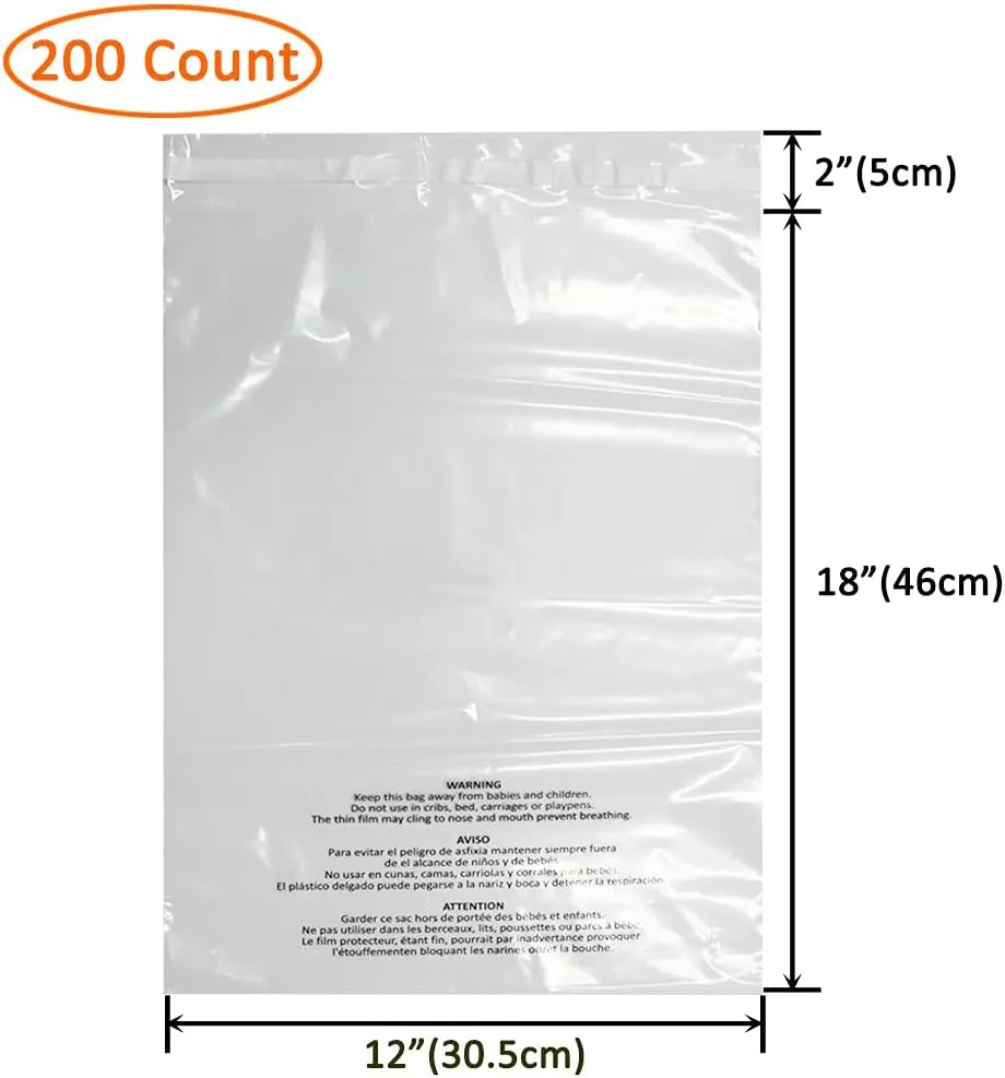 Belinlen 200 Count 12x18 Inch Self Seal Clear Poly Bags with Suffocation Warning for Packaging Clothing, T Shirts, Decorative Wrappers and More with Permanent Adhesive(1.5mil)