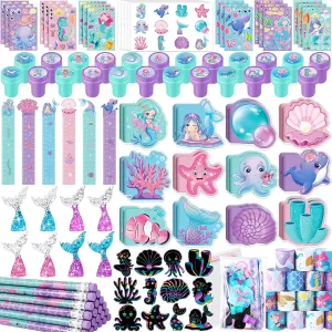 BenLouis 120Pcs Mermaid Party Favors - Little Mermaid Pencils, Stickers, School Stationery Bulk for Kids Birthday Decor, Baby Shower, Candy Goodie Bag Stuffer, Classroom Rewards, Pinata Supplies
