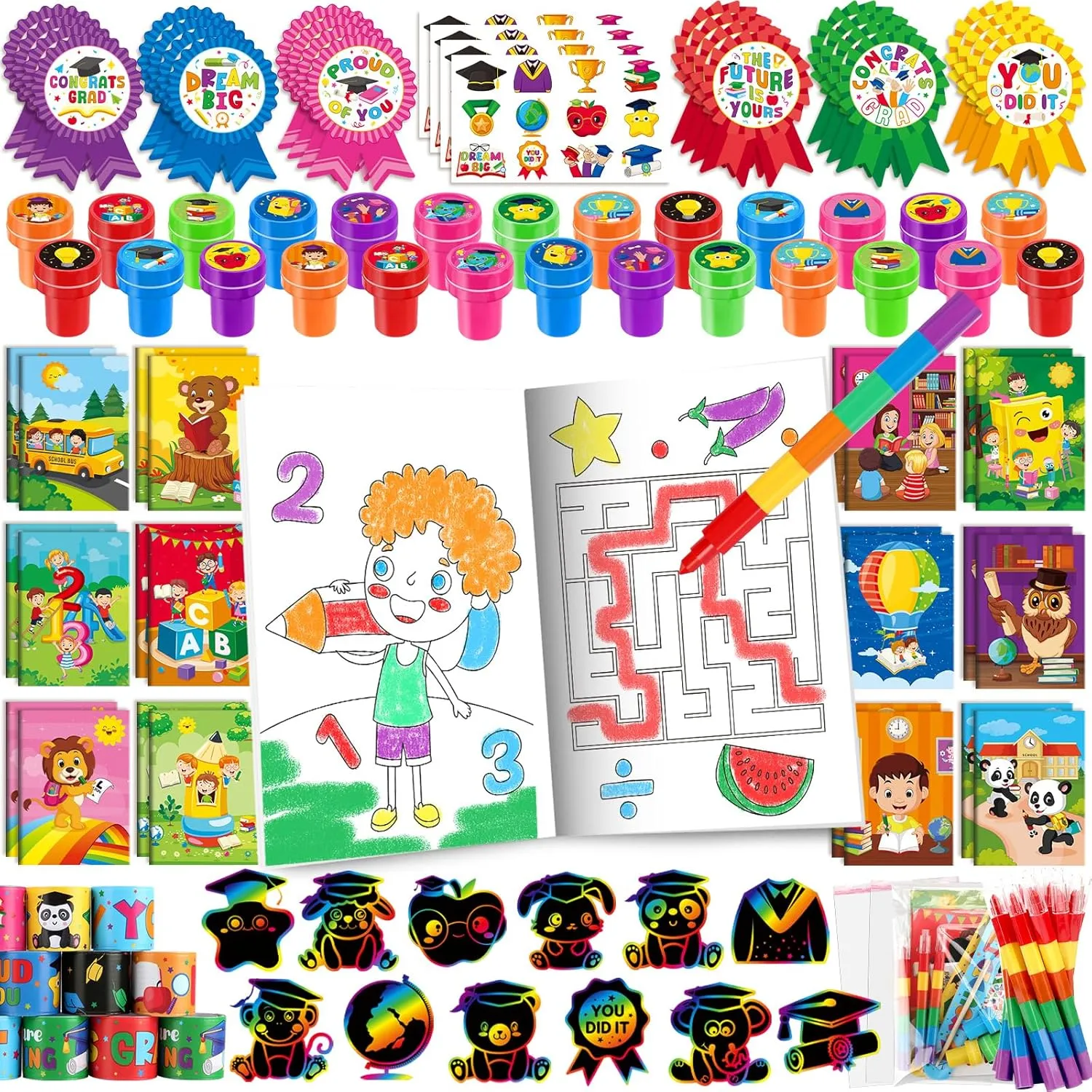 BenLouis 192 Pcs Graduation Party Favors for Kids Preschool Kindergarten Classroom Gifts Prize Coloring Books Set Bulk for Students Congrats Grad Goodie Bags Stuffers（Graduation Hat）