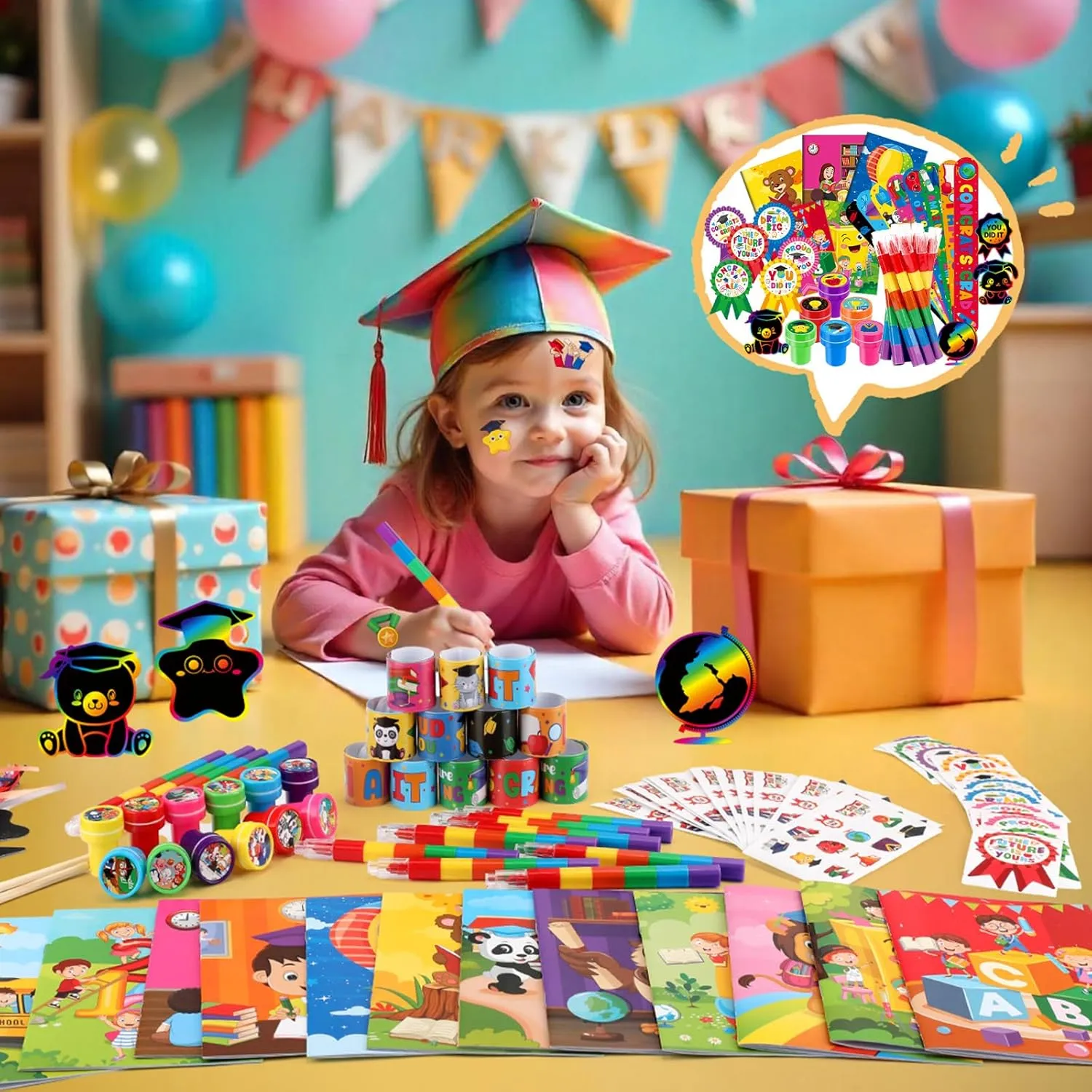 BenLouis 192 Pcs Graduation Party Favors for Kids Preschool Kindergarten Classroom Gifts Prize Coloring Books Set Bulk for Students Congrats Grad Goodie Bags Stuffers（Graduation Hat）