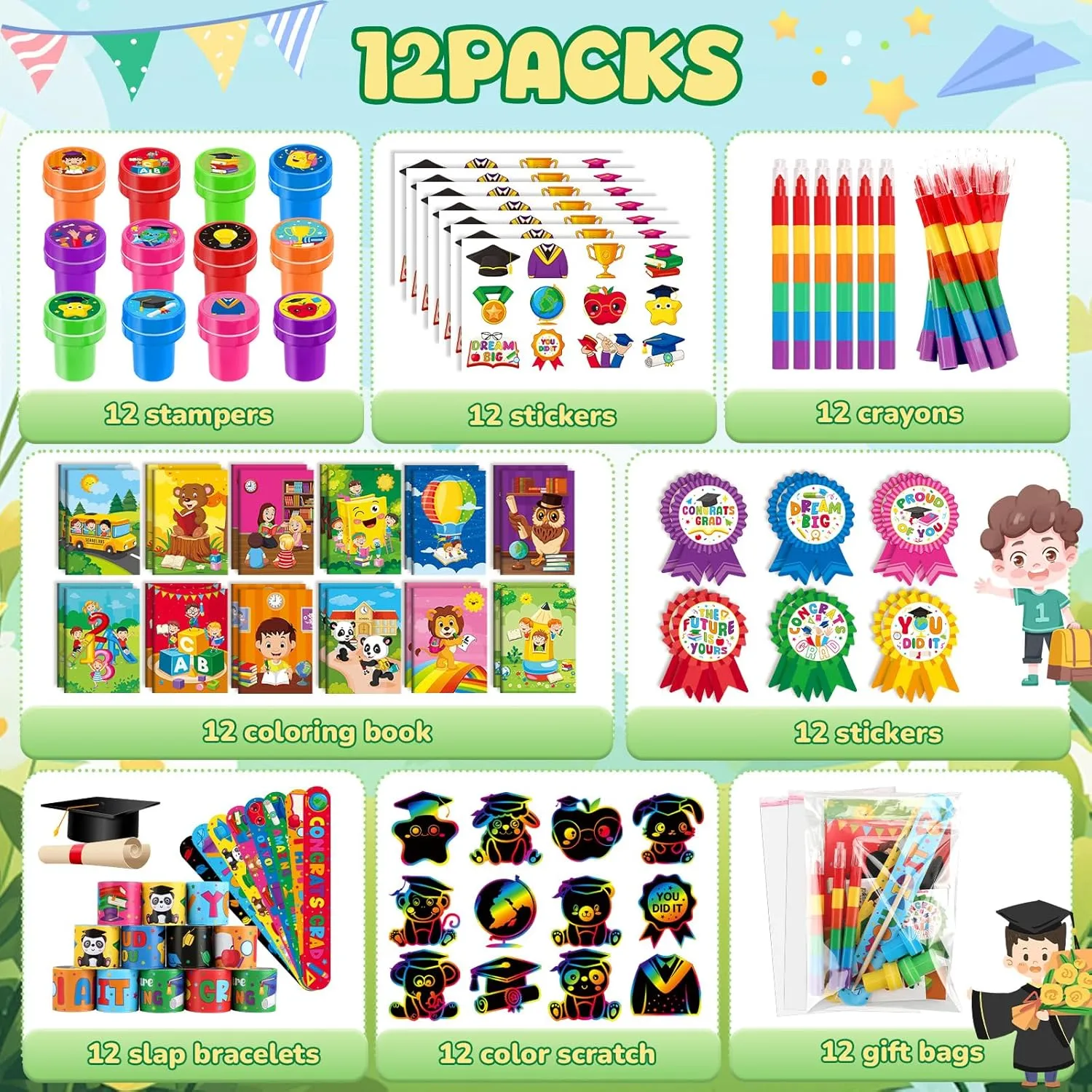 BenLouis 192 Pcs Graduation Party Favors for Kids Preschool Kindergarten Classroom Gifts Prize Coloring Books Set Bulk for Students Congrats Grad Goodie Bags Stuffers（Graduation Hat）