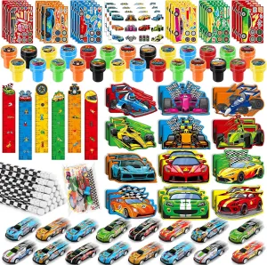 BenLouis 192Pcs Race Car Party Favors Racing Theme School Stationery Set Bulk for Kids Fast Racecar Wheel Birthday Party Goodie Bag Stuffers Classroom Gifts Rewards Pinata Filler