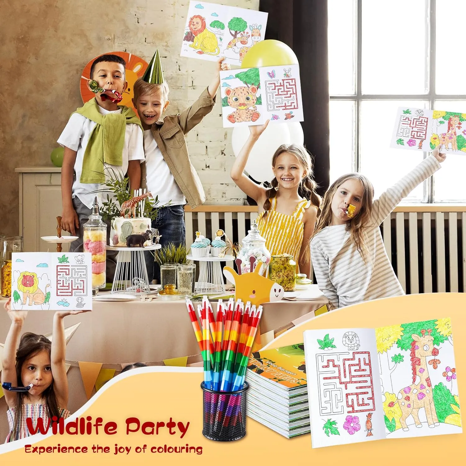 BenLouis 24 Jungle Safari Mini Coloring Books Kids with 24 Stacking Crayons Zoo Animals Party Favors Activity Books Bulk for Kids Wild One Lion Goodie Bag Gift Stuffer Classroom Reward