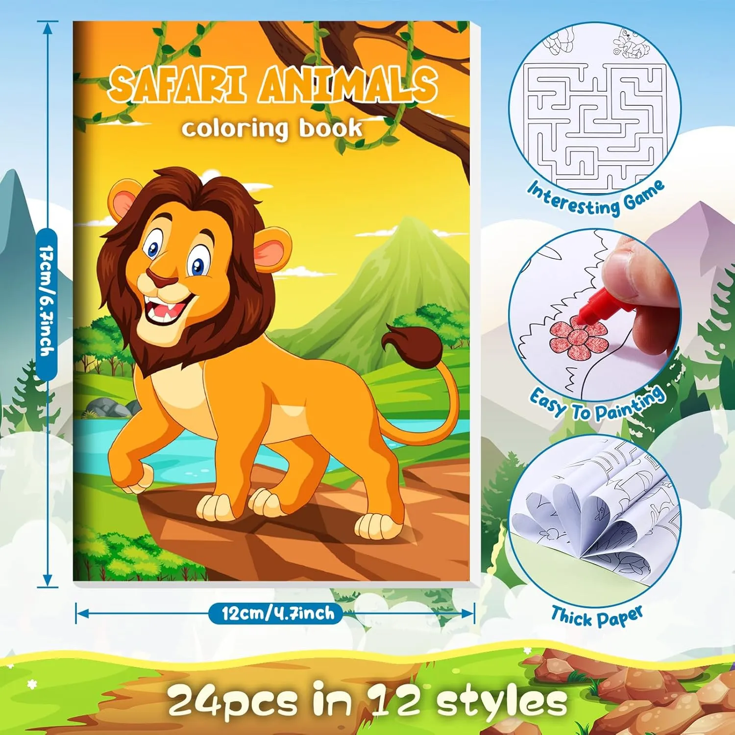 BenLouis 24 Jungle Safari Mini Coloring Books Kids with 24 Stacking Crayons Zoo Animals Party Favors Activity Books Bulk for Kids Wild One Lion Goodie Bag Gift Stuffer Classroom Reward