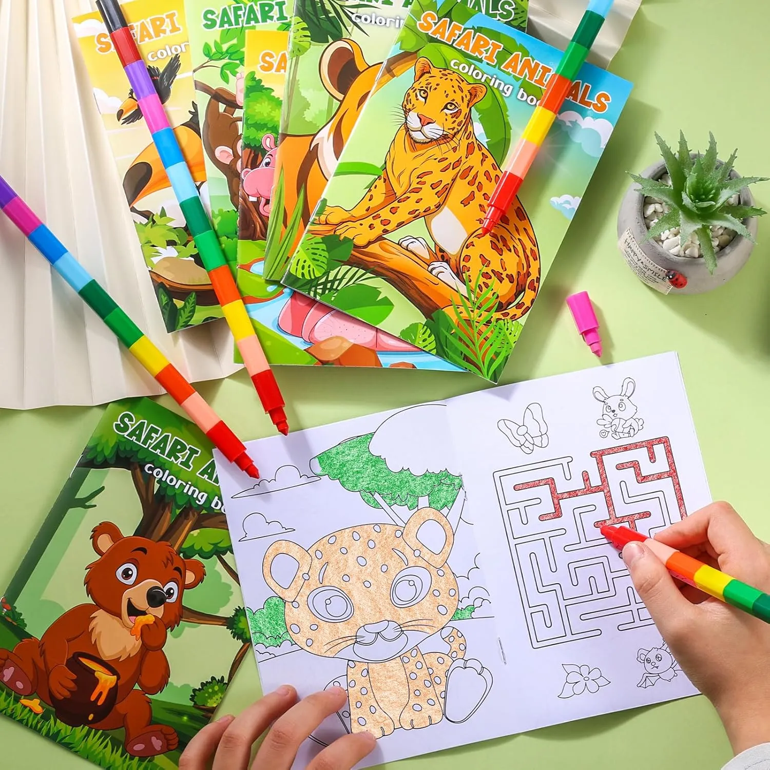 BenLouis 24 Jungle Safari Mini Coloring Books Kids with 24 Stacking Crayons Zoo Animals Party Favors Activity Books Bulk for Kids Wild One Lion Goodie Bag Gift Stuffer Classroom Reward