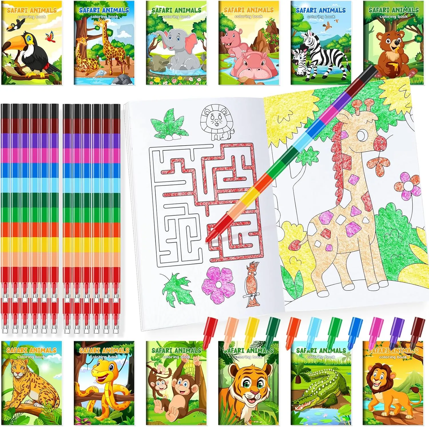 BenLouis 24 Jungle Safari Mini Coloring Books Kids with 24 Stacking Crayons Zoo Animals Party Favors Activity Books Bulk for Kids Wild One Lion Goodie Bag Gift Stuffer Classroom Reward