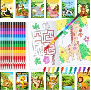 BenLouis 24 Jungle Safari Mini Coloring Books Kids with 24 Stacking Crayons Zoo Animals Party Favors Activity Books Bulk for Kids Wild One Lion Goodie Bag Gift Stuffer Classroom Reward