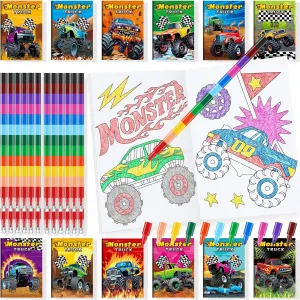 BenLouis 24 Monster Truck Mini Coloring Books Kids with 24 Stacking Crayons Monster Car Party Favors Activity Books Bulk for Kids Monster Truck Birthday Goodie Bag Gift Stuffer Classroom Travel