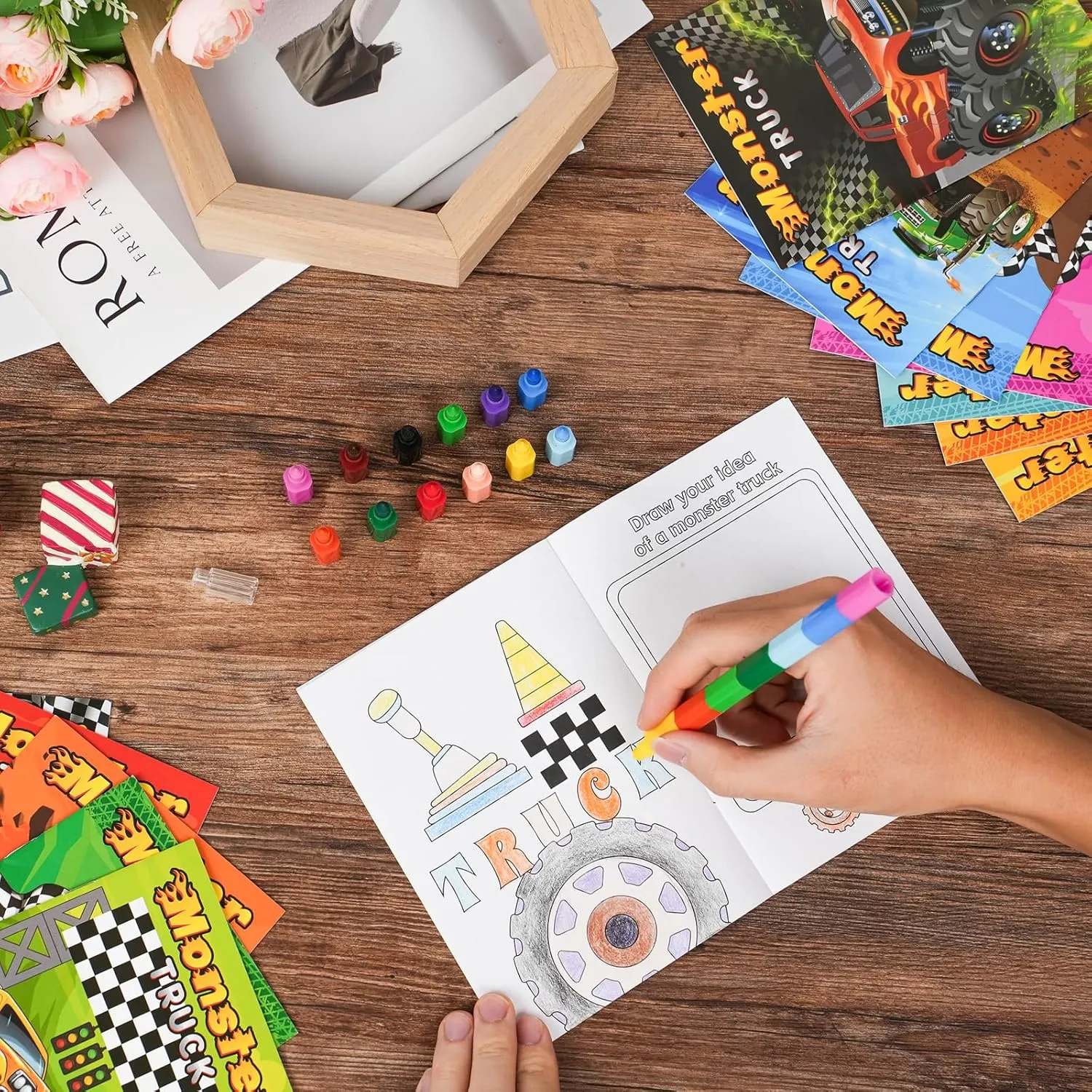 BenLouis 24 Monster Truck Mini Coloring Books Kids with 24 Stacking Crayons Monster Car Party Favors Activity Books Bulk for Kids Monster Truck Birthday Goodie Bag Gift Stuffer Classroom Travel