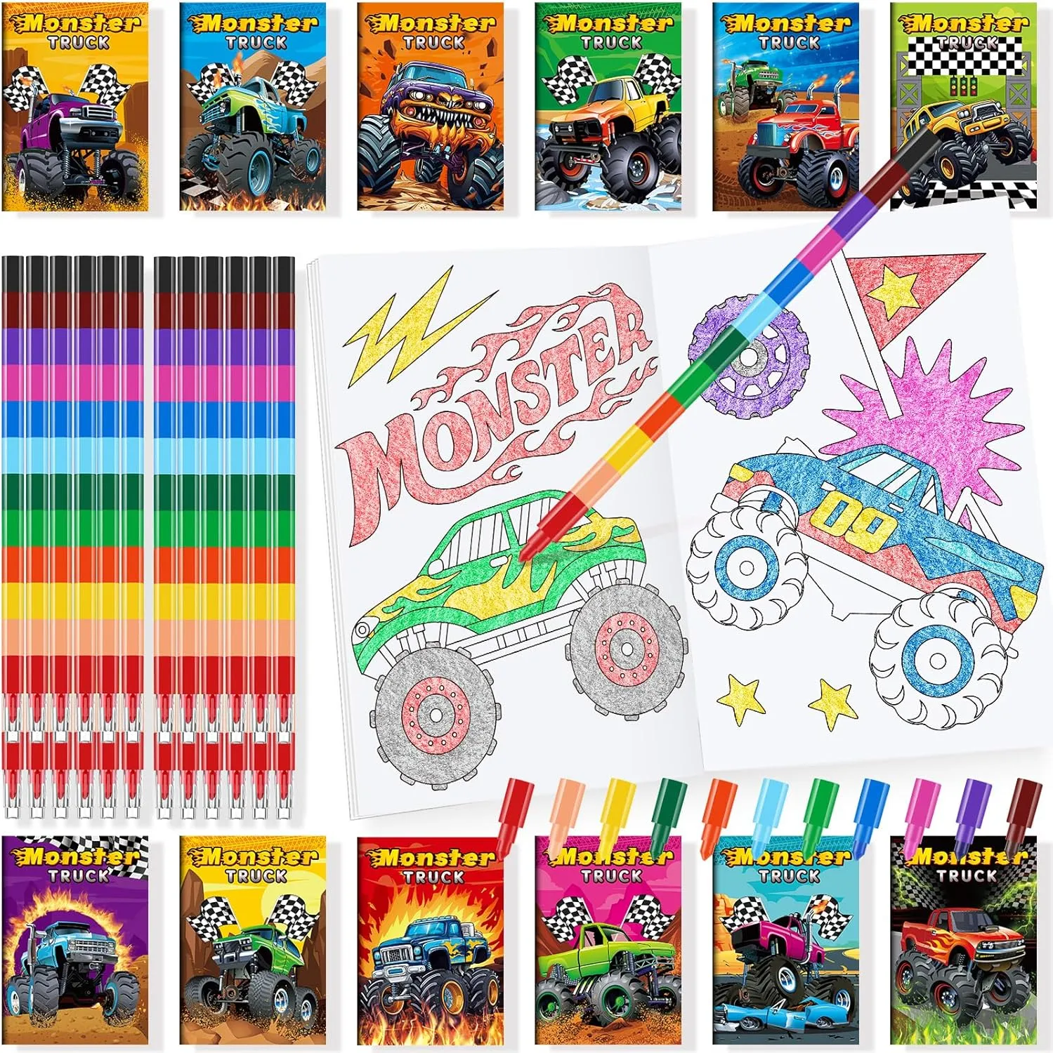 BenLouis 24 Monster Truck Mini Coloring Books Kids with 24 Stacking Crayons Monster Car Party Favors Activity Books Bulk for Kids Monster Truck Birthday Goodie Bag Gift Stuffer Classroom Travel