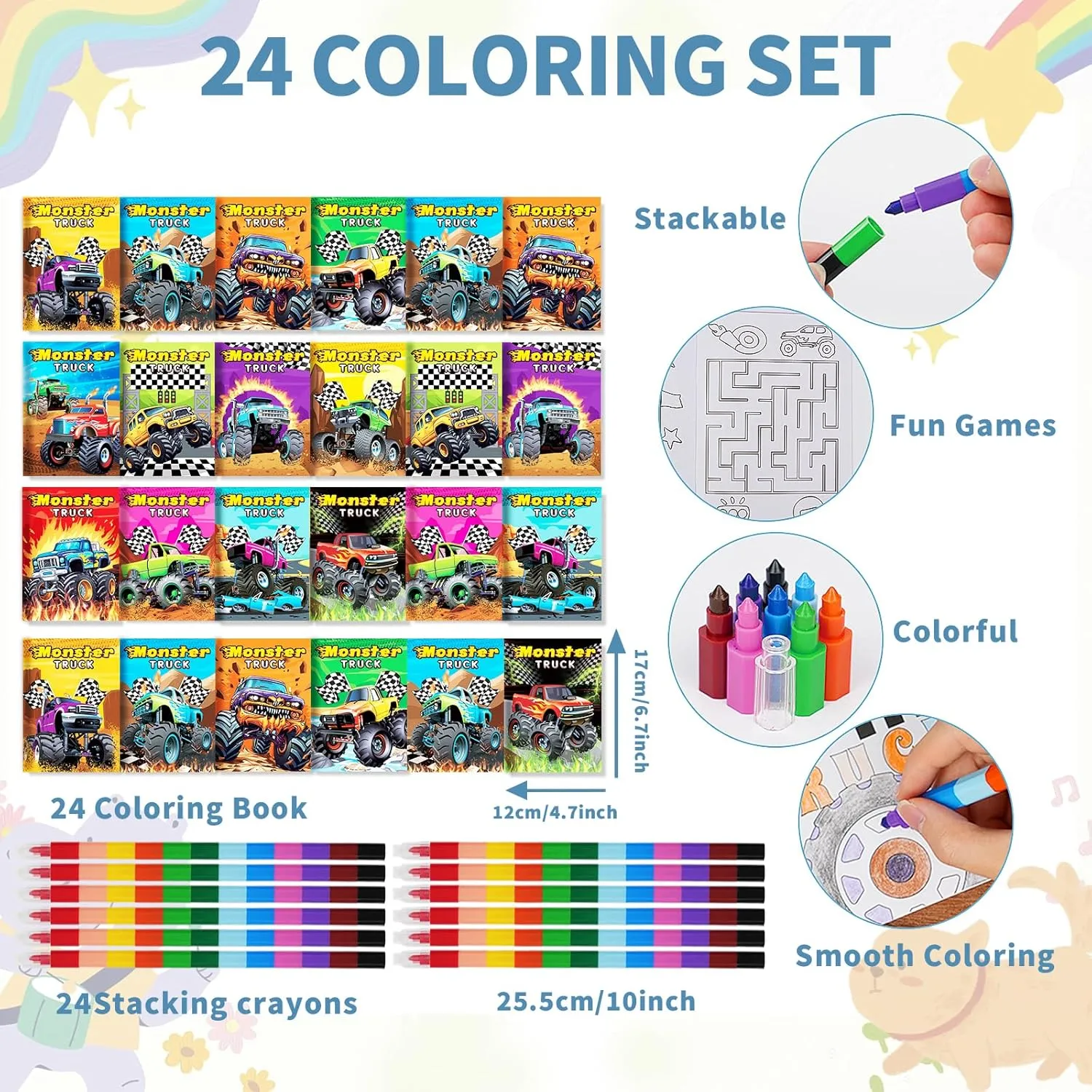 BenLouis 24 Monster Truck Mini Coloring Books Kids with 24 Stacking Crayons Monster Car Party Favors Activity Books Bulk for Kids Monster Truck Birthday Goodie Bag Gift Stuffer Classroom Travel