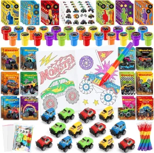 BenLouis 84Pcs Monster Truck Party Favors Truck Car Theme Coloring Books Crayons Sticker Set Bulk for Kids Racing Wheels Birthday Decor Goodie Bag Stuffer Classroom Rewards Craft Pinata Supplies
