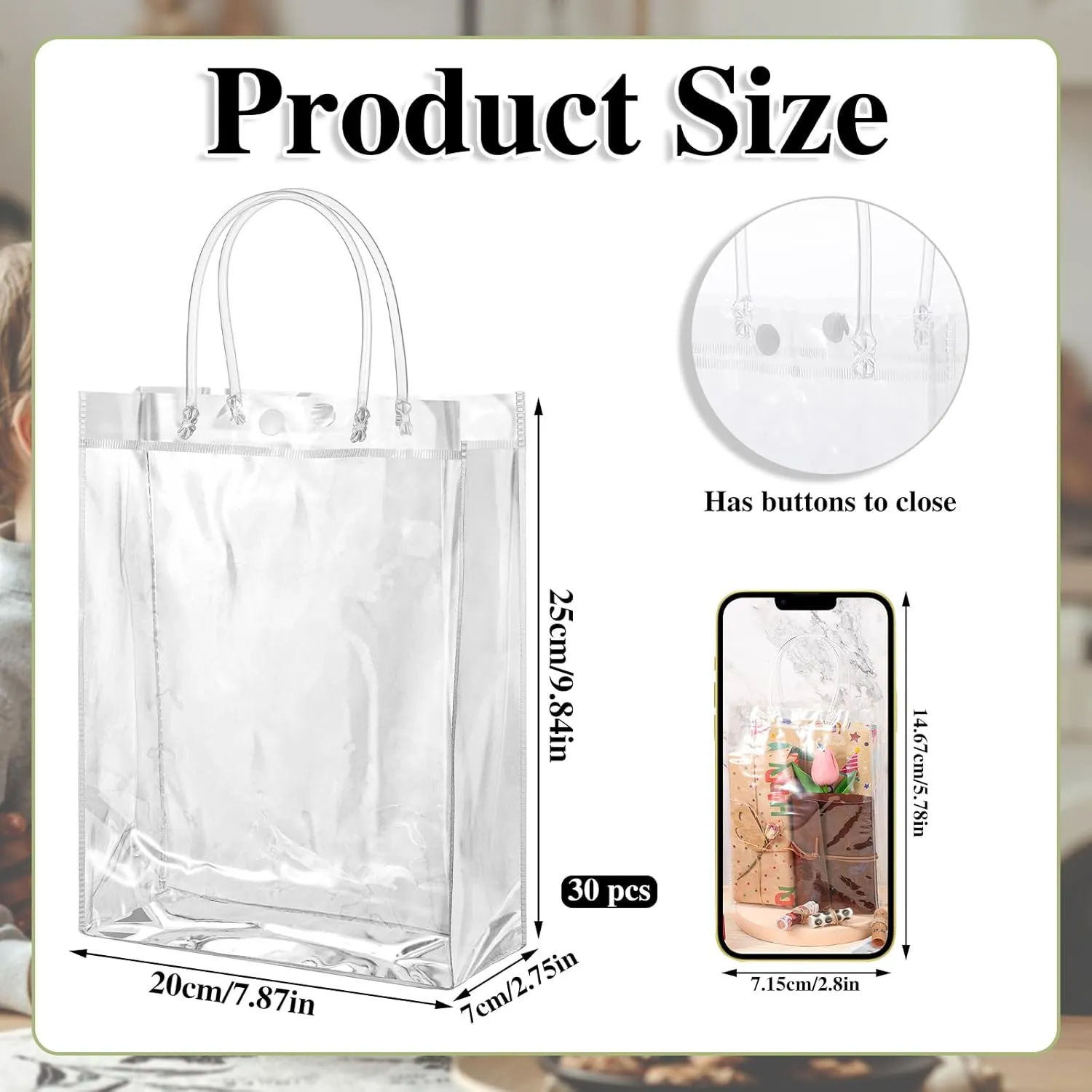 BESARME 30 Pack Clear Gift Bags with Handle, Reusable Plastic Bags Small Gift Wrap Tote Bags Clear Bags for Gifts Wedding Party Favors Baby Shower Shopping(9.8" x 7.9" x 2.8")