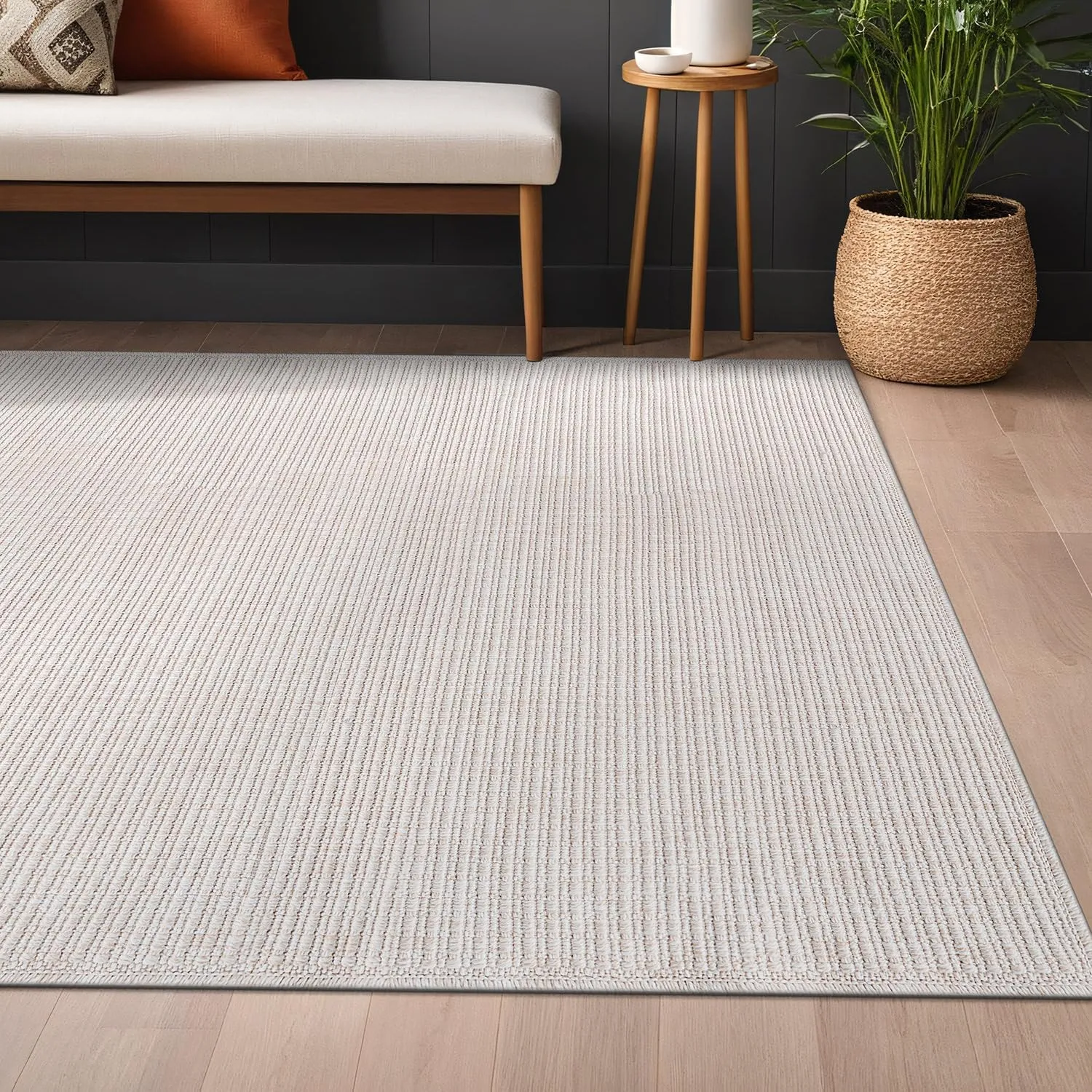Beverly Rug Easy Jute Off White Rug 5x7 Solid Washable Durable Outdoor Indoor Area Rugs for Living Dining Room Patio Office Stain Resistant Non Shedding Casual Indoor Outside Carpet (5 x 7 Off-White)