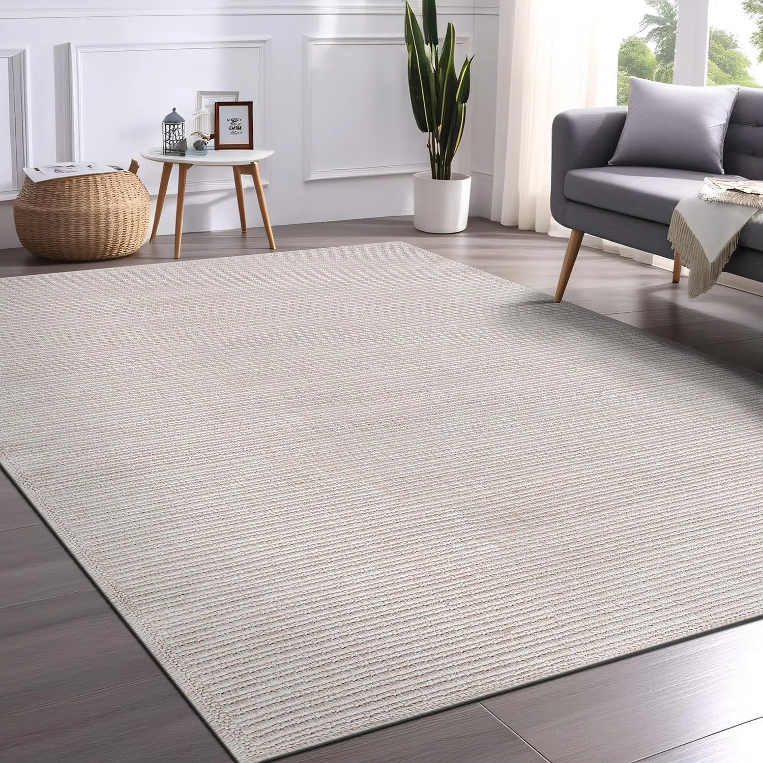 Beverly Rug Easy Jute Off White Rug 5x7 Solid Washable Durable Outdoor Indoor Area Rugs for Living Dining Room Patio Office Stain Resistant Non Shedding Casual Indoor Outside Carpet (5 x 7 Off-White)