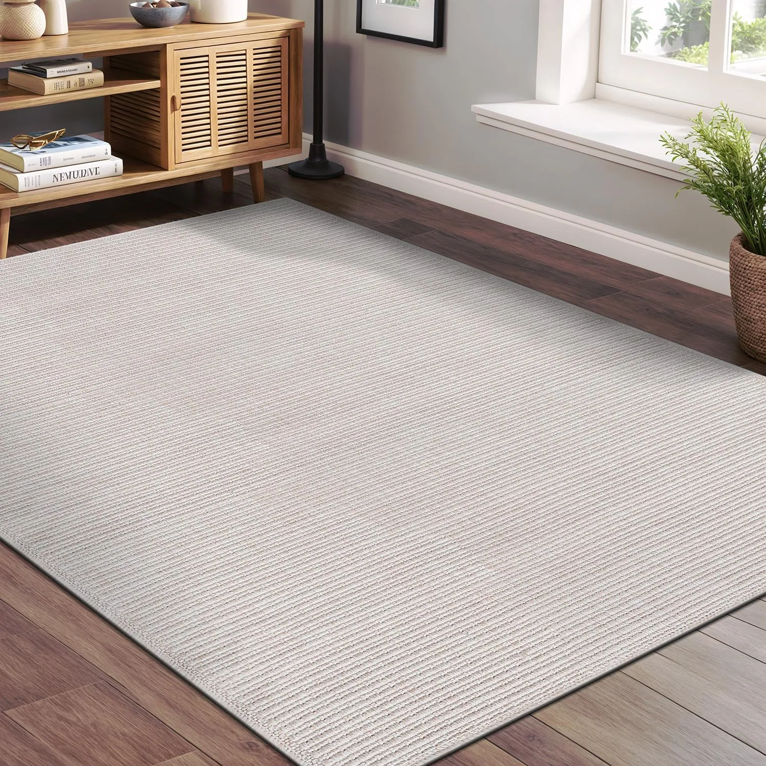 Beverly Rug Easy Jute Off White Rug 5x7 Solid Washable Durable Outdoor Indoor Area Rugs for Living Dining Room Patio Office Stain Resistant Non Shedding Casual Indoor Outside Carpet (5 x 7 Off-White)
