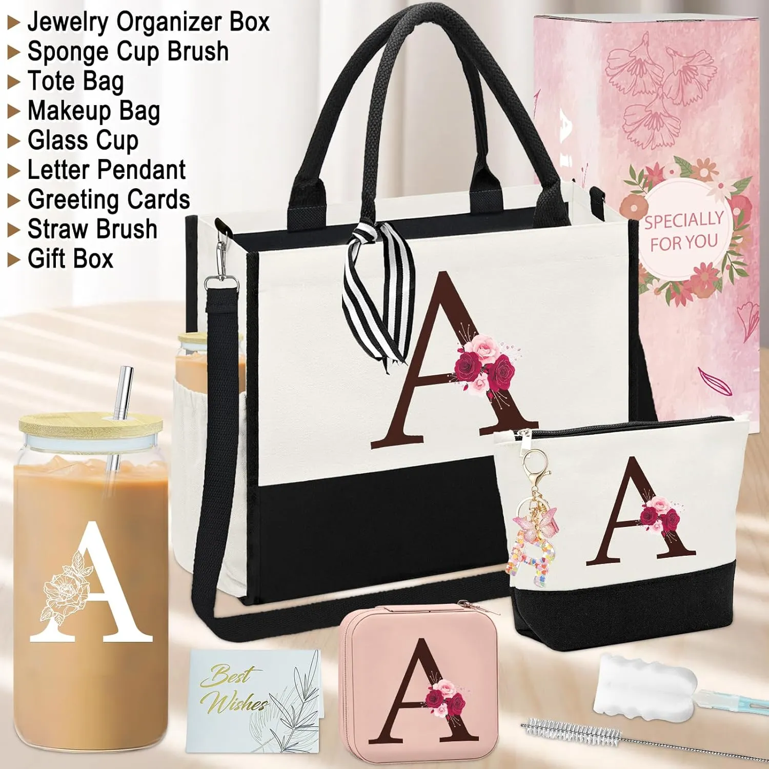 Birthday Gifts for Women,Initial Canvas Tote Bag,Initial Gift for Women,16oz Initial Glass Cup,Initial Makeup Bag with Zipper,Jewelry Organizer Box,Personalized Gifts for Mom-A