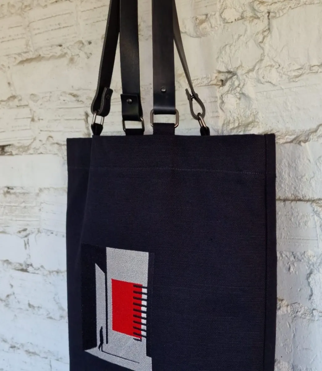 Black Canvas Bag with Gray and Red Geometric Embroidery - The Path Finder