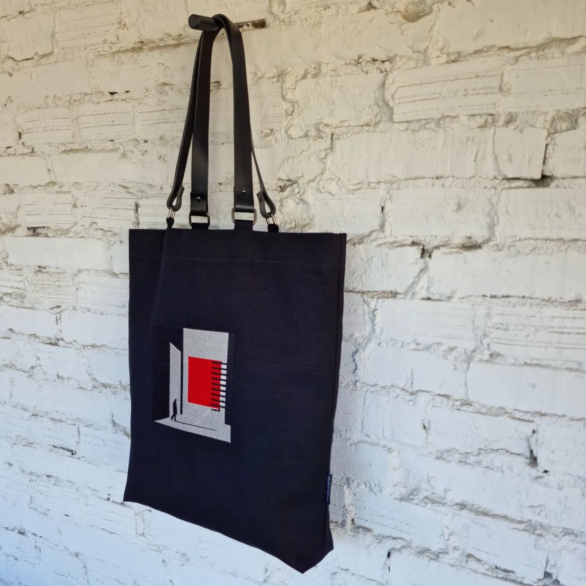 Black Canvas Bag with Gray and Red Geometric Embroidery - The Path Finder
