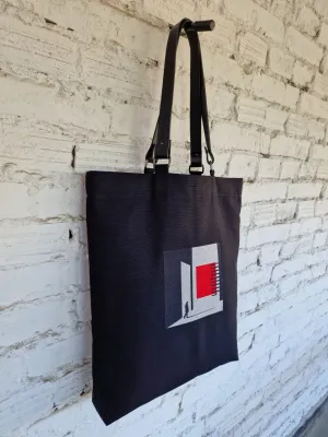 Black Canvas Bag with Gray and Red Geometric Embroidery - The Path Finder