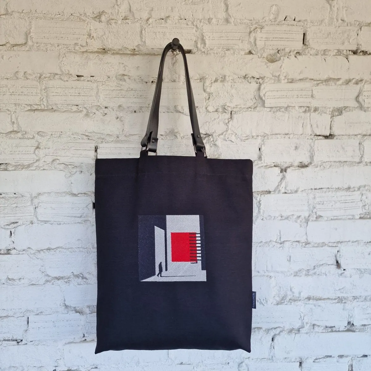 Black Canvas Bag with Gray and Red Geometric Embroidery - The Path Finder