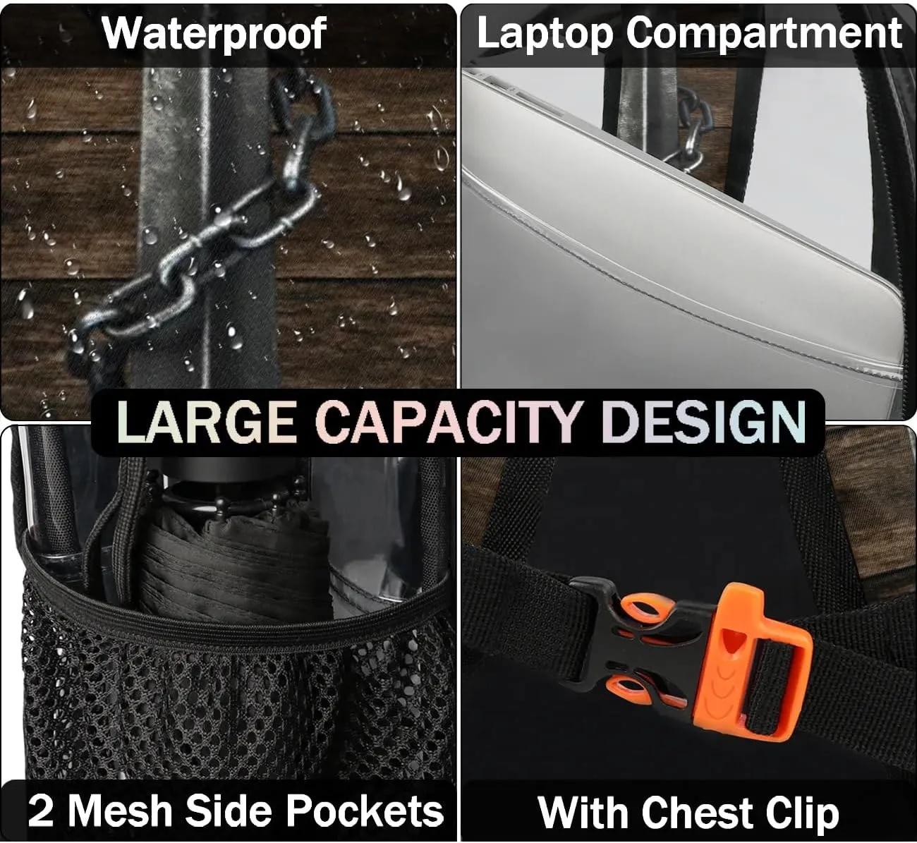 Black Iron Anchor Hardwood Clear Backpack Stadium Approved Heavy Duty Transparent Backpack for Women Men Large PVC See Through Bag for Sports Event Concert Festival Work Travel