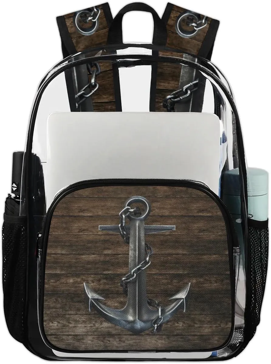 Black Iron Anchor Hardwood Clear Backpack Stadium Approved Heavy Duty Transparent Backpack for Women Men Large PVC See Through Bag for Sports Event Concert Festival Work Travel