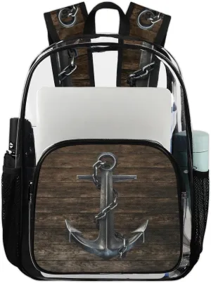 Black Iron Anchor Hardwood Clear Backpack Stadium Approved Heavy Duty Transparent Backpack for Women Men Large PVC See Through Bag for Sports Event Concert Festival Work Travel