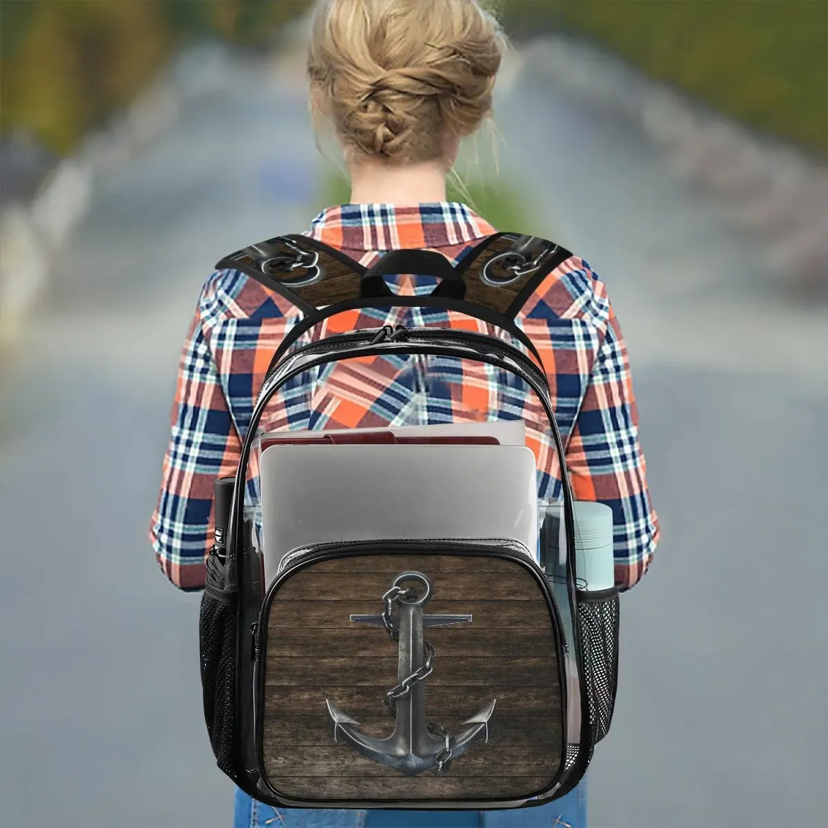 Black Iron Anchor Hardwood Clear Backpack Stadium Approved Heavy Duty Transparent Backpack for Women Men Large PVC See Through Bag for Sports Event Concert Festival Work Travel