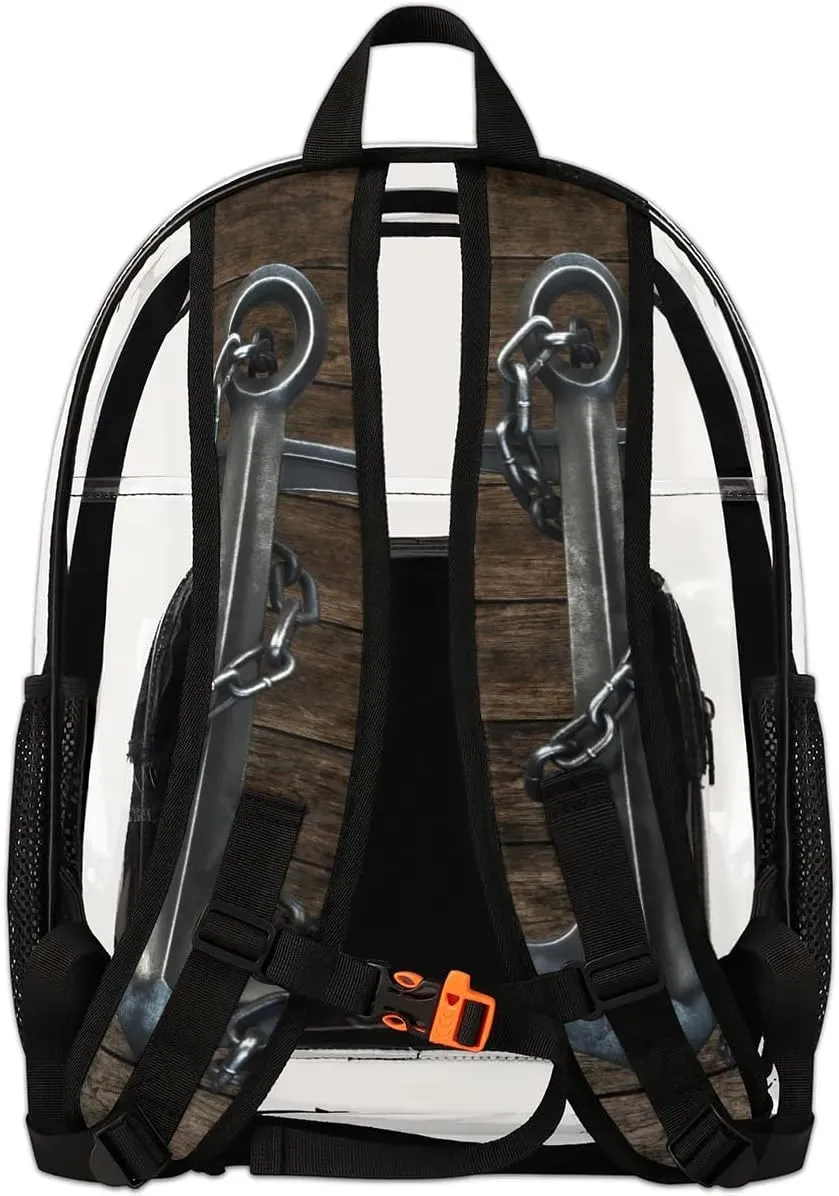 Black Iron Anchor Hardwood Clear Backpack Stadium Approved Heavy Duty Transparent Backpack for Women Men Large PVC See Through Bag for Sports Event Concert Festival Work Travel