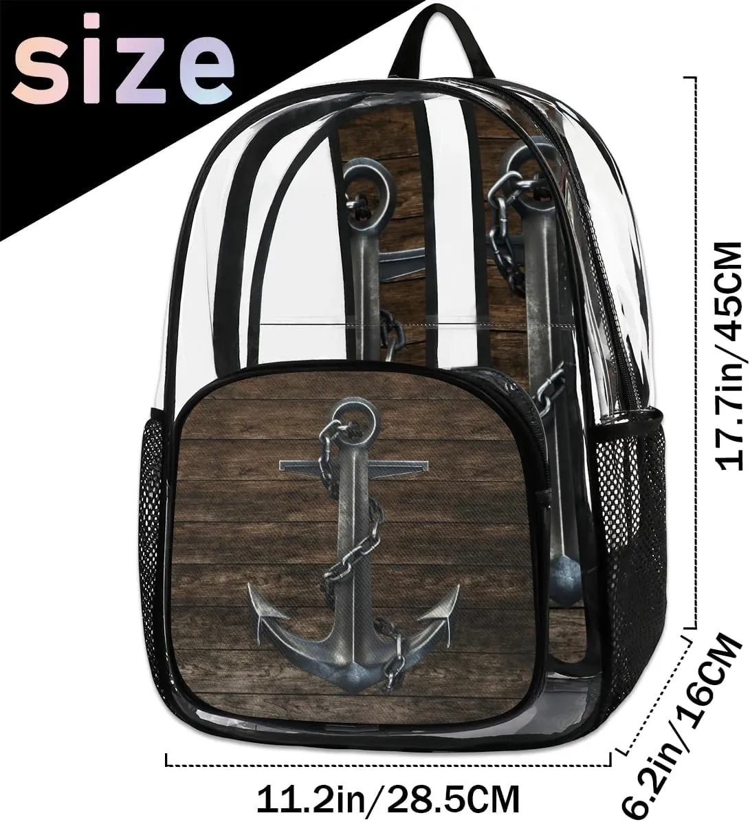 Black Iron Anchor Hardwood Clear Backpack Stadium Approved Heavy Duty Transparent Backpack for Women Men Large PVC See Through Bag for Sports Event Concert Festival Work Travel