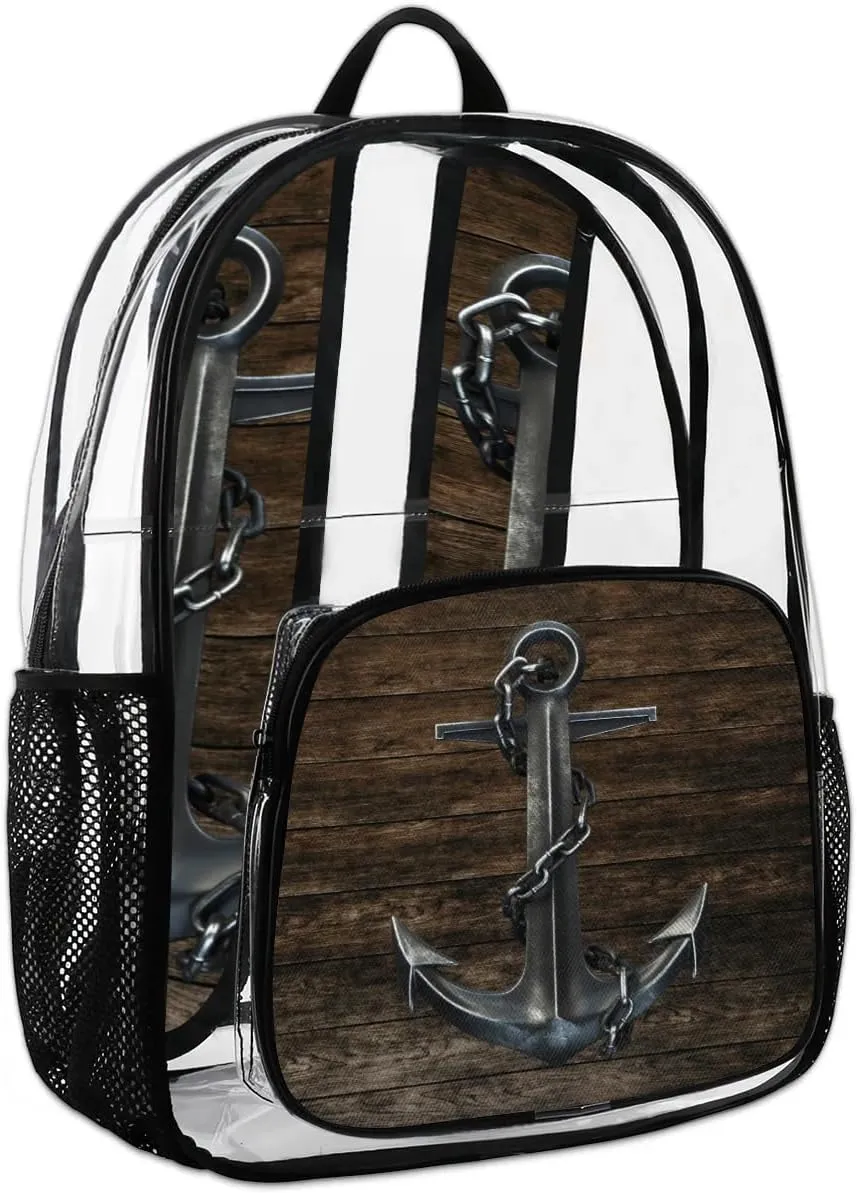 Black Iron Anchor Hardwood Clear Backpack Stadium Approved Heavy Duty Transparent Backpack for Women Men Large PVC See Through Bag for Sports Event Concert Festival Work Travel