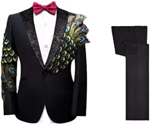 Black Peacock Men Suit Slim Embroidery Tuxedos 2 Pieces