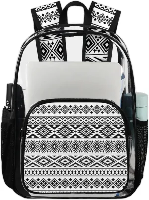 Black White Color Ikat Ethnic Pattern Clear Backpack Stadium Approved Heavy Duty Transparent Backpack for Women Men Large PVC See Through Bag for Sports Event Concert Festival Work Travel