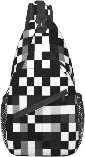 Black White Formula Checkered Pattern Print Sling Backpack, Sling Bag, Crossbody Chest Bag Daypack, for Hiking Travel